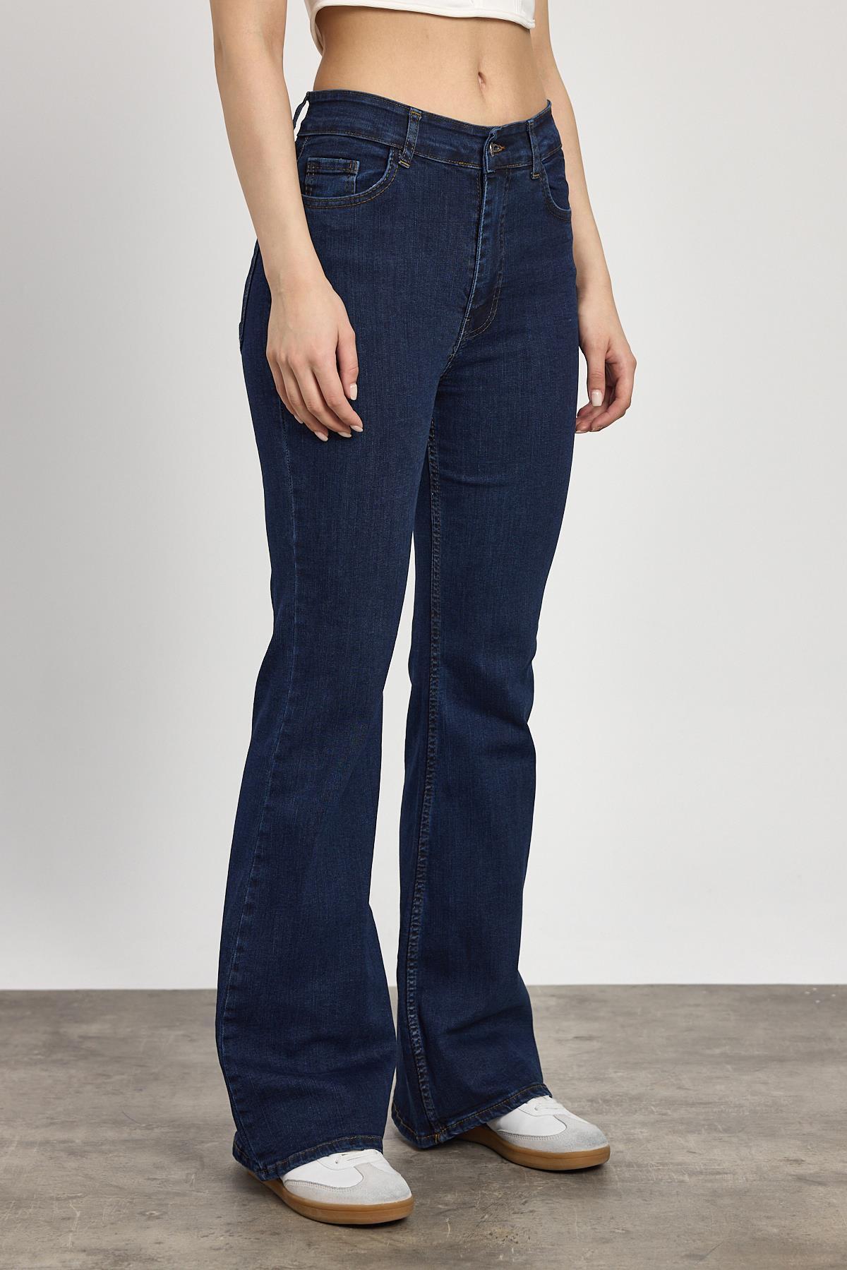 Koyu Mavi Yüksek Bel Flare Kesim Kadın Jean Pantolon 12036 - 3