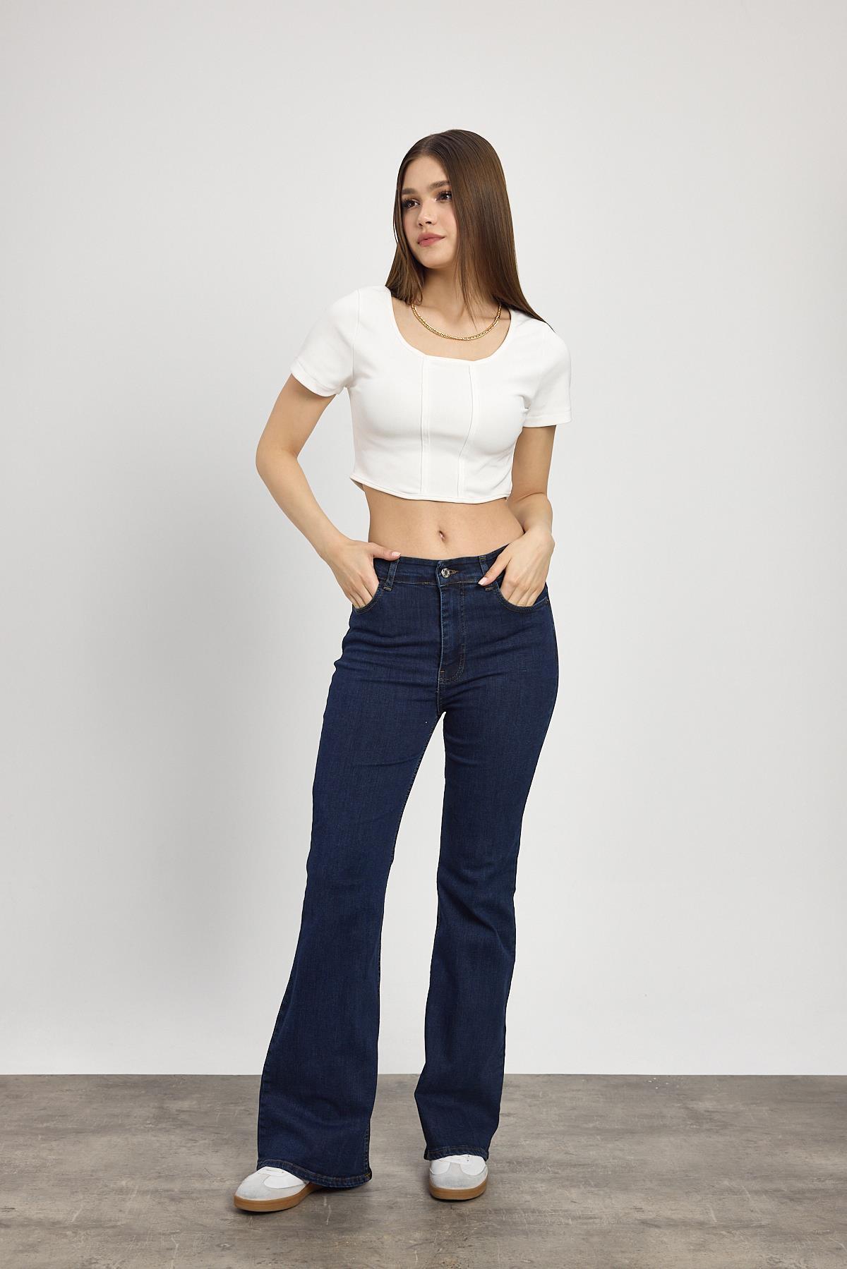 Koyu Mavi Yüksek Bel Flare Kesim Kadın Jean Pantolon 12036 - 1