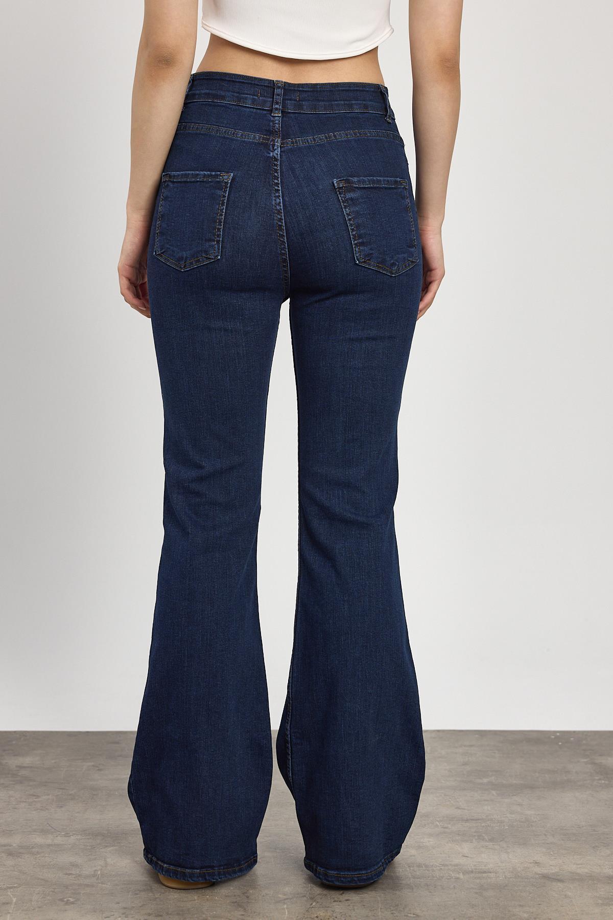 Koyu Mavi Yüksek Bel Flare Kesim Kadın Jean Pantolon 12036 - 5