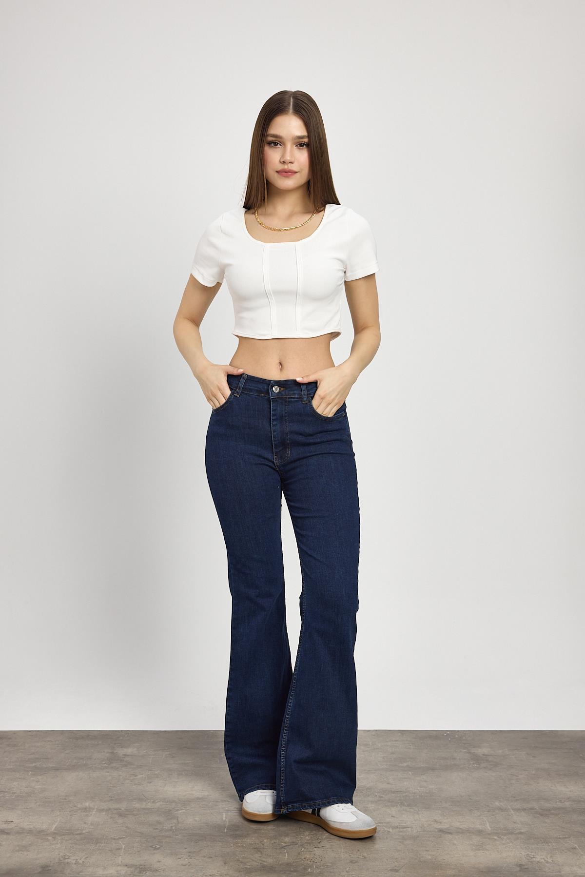 Koyu Mavi Yüksek Bel Flare Kesim Kadın Jean Pantolon 12036 - 6