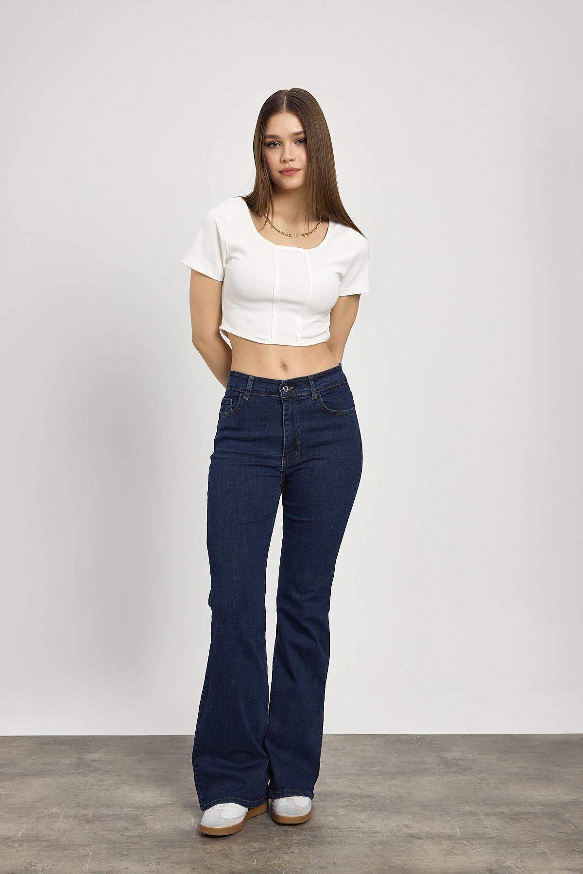 Koyu Mavi Yüksek Bel Flare Kesim Kadın Jean Pantolon 12036 - 8