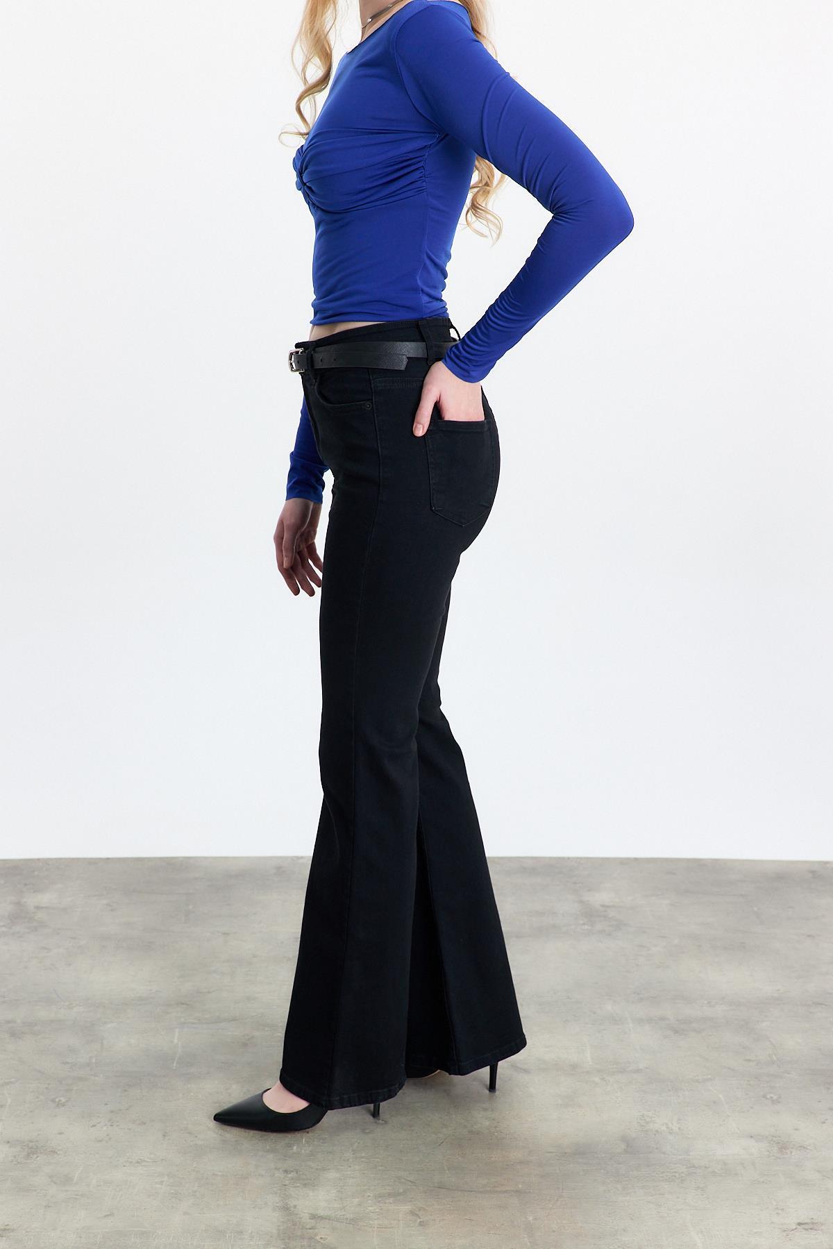 Siyah Yüksek Bel Flare Kesim Kadın Jean Pantolon 12036 - 3