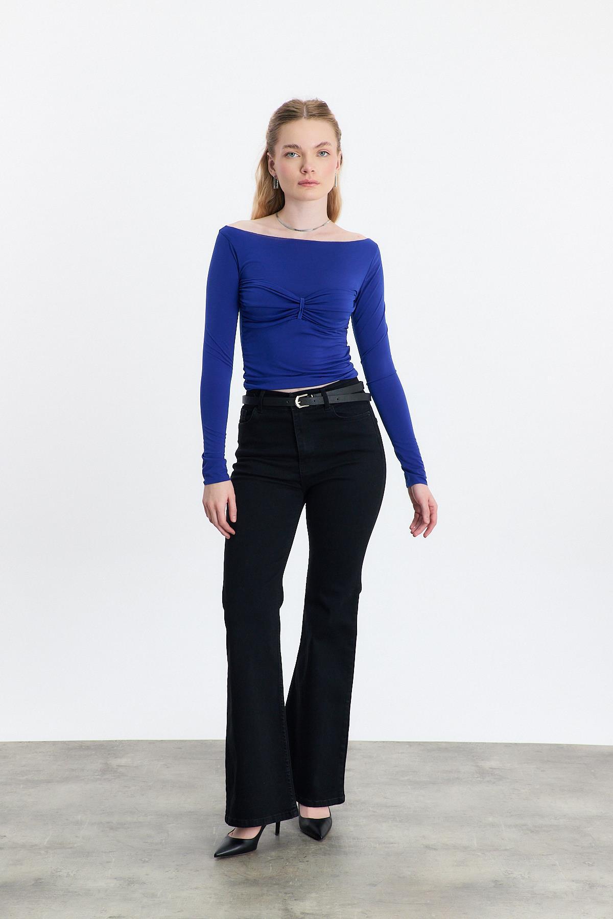 Siyah Yüksek Bel Flare Kesim Kadın Jean Pantolon 12036 