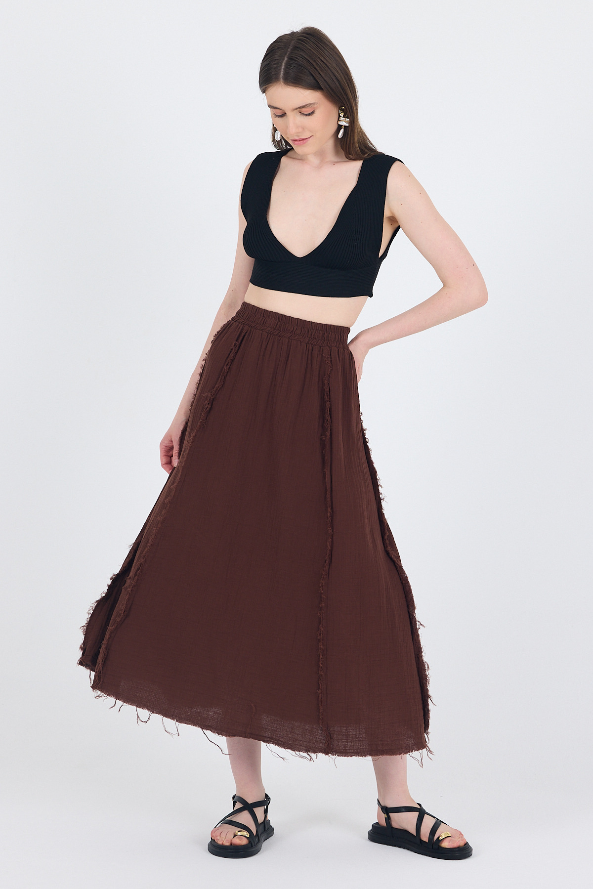 Kahve %100 Pamuk Müslin Midi Etek 7038 - RAYS