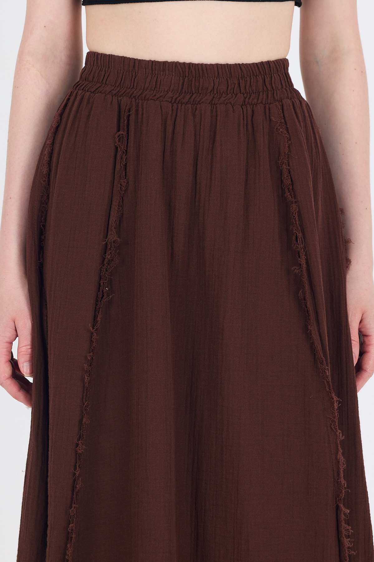 Kahve %100 Pamuk Müslin Midi Etek 7038 - 4