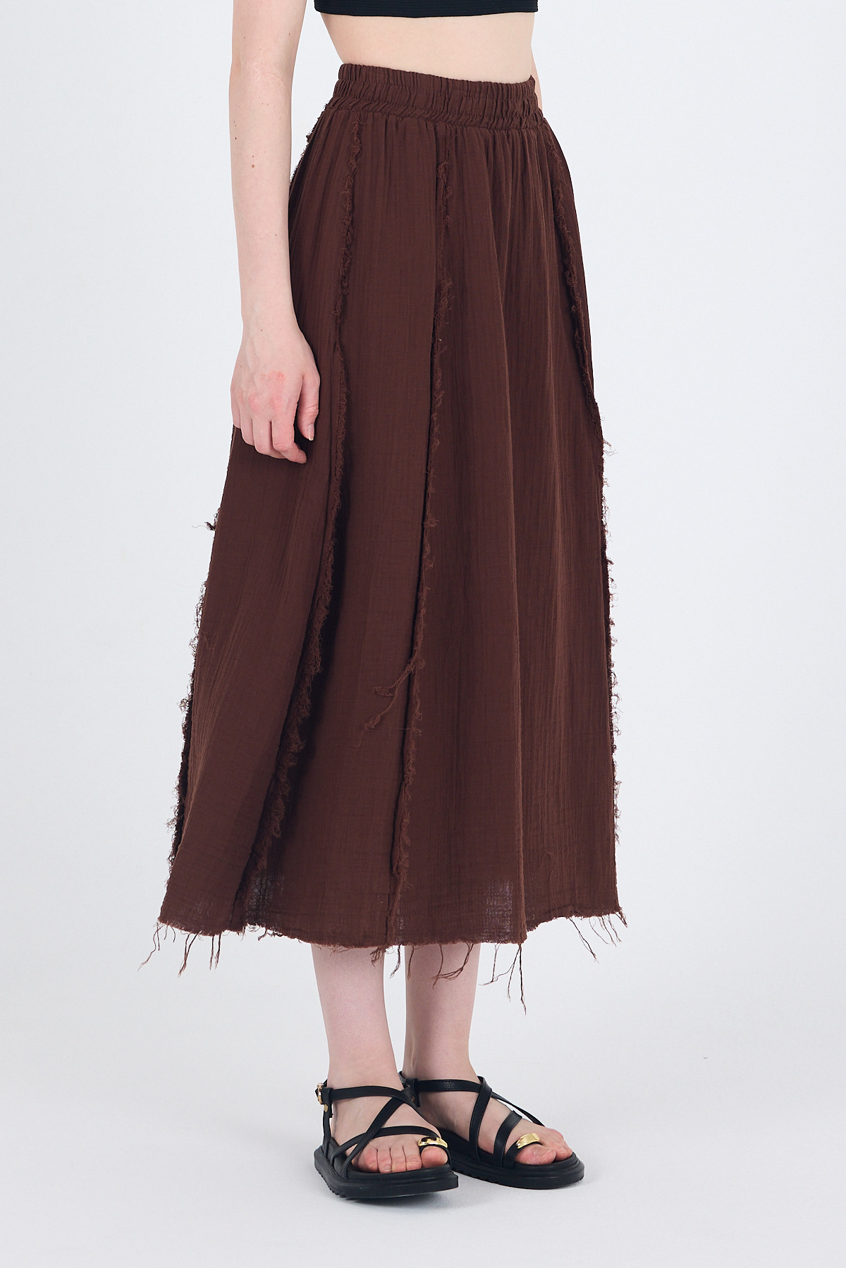 Kahve %100 Pamuk Müslin Midi Etek 7038 - 5