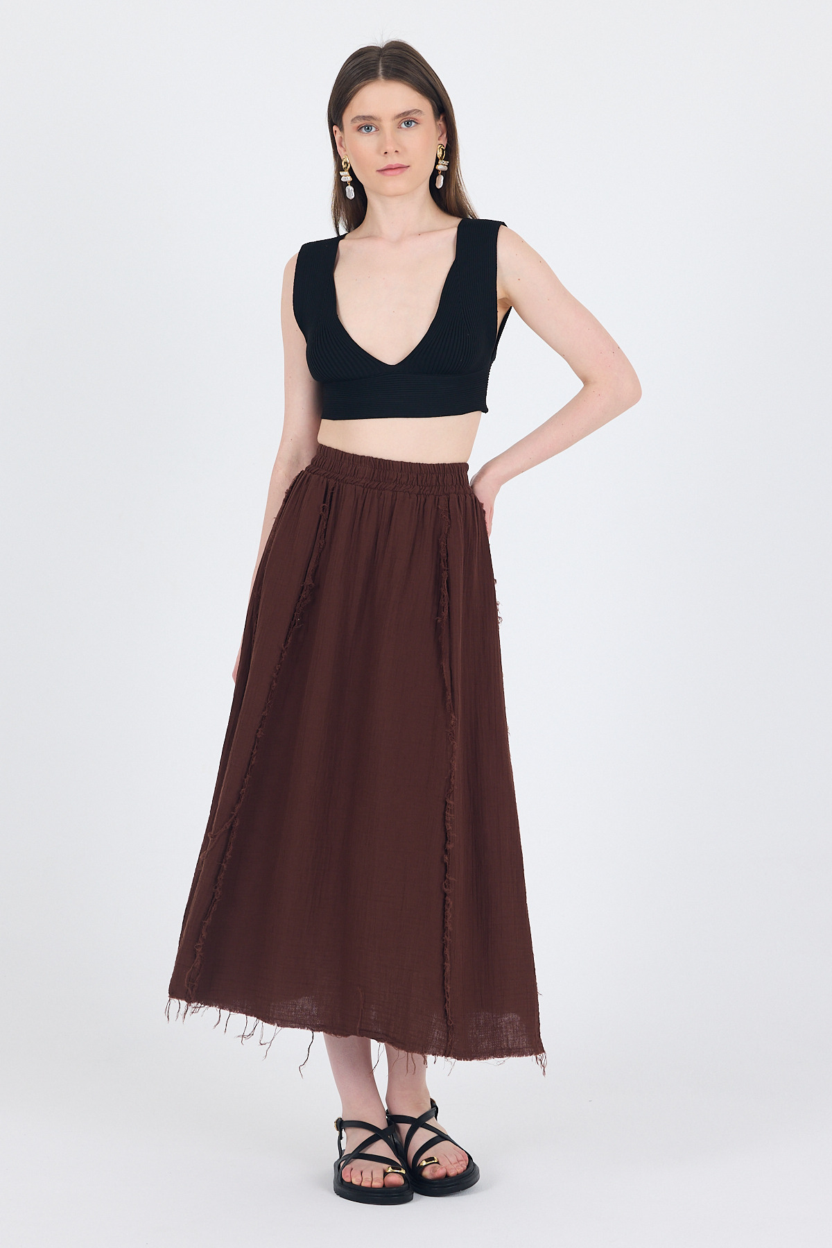 Kahve %100 Pamuk Müslin Midi Etek 7038 