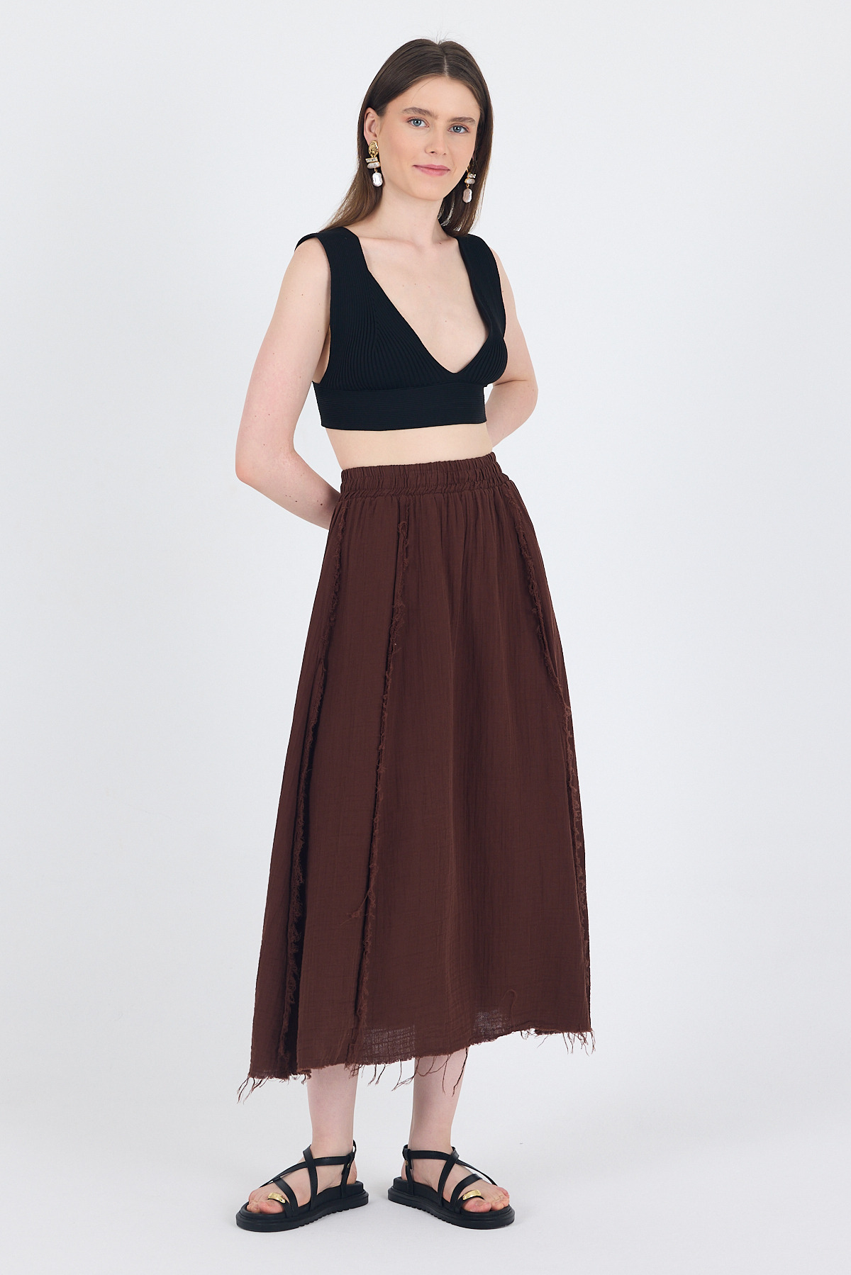 Kahve %100 Pamuk Müslin Midi Etek 7038 - 3