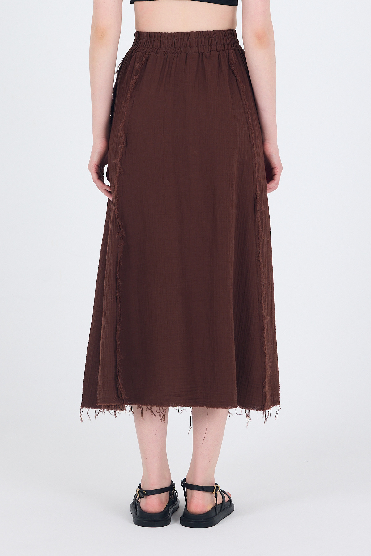 Kahve %100 Pamuk Müslin Midi Etek 7038 - 6