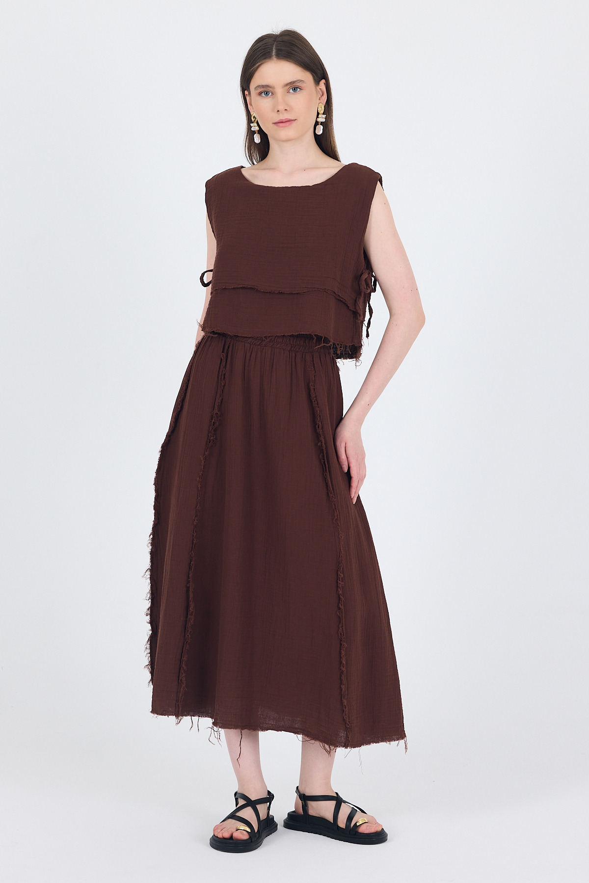 Kahve %100 Pamuk Yan Bağlama Detaylı Müslin Bluz 7041 - 3