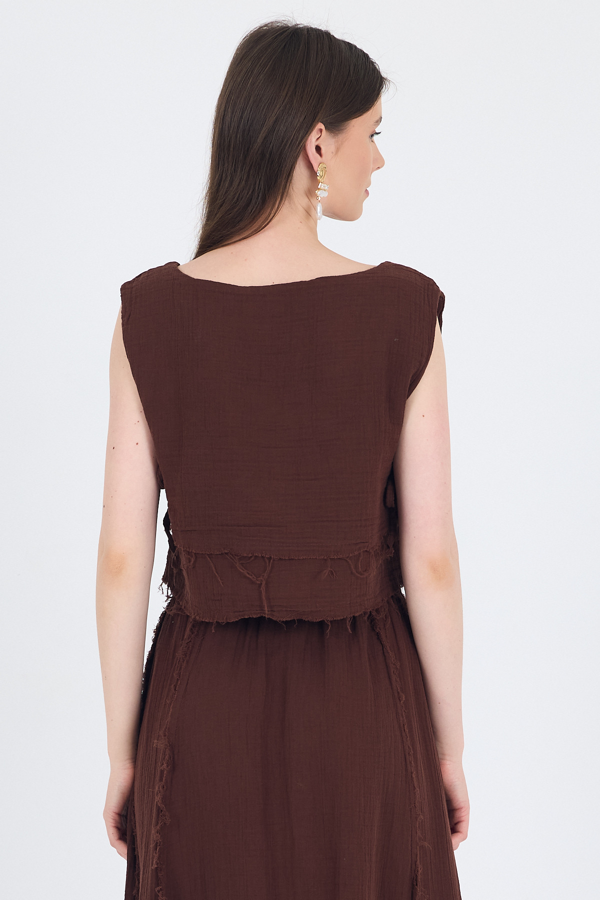 Kahve %100 Pamuk Yan Bağlama Detaylı Müslin Bluz 7041 - 5