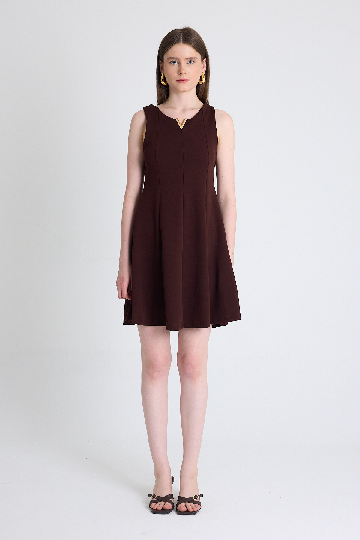 Kahve Aksesuar Detaylı Kolsuz Mini Elbise 2238 - 2