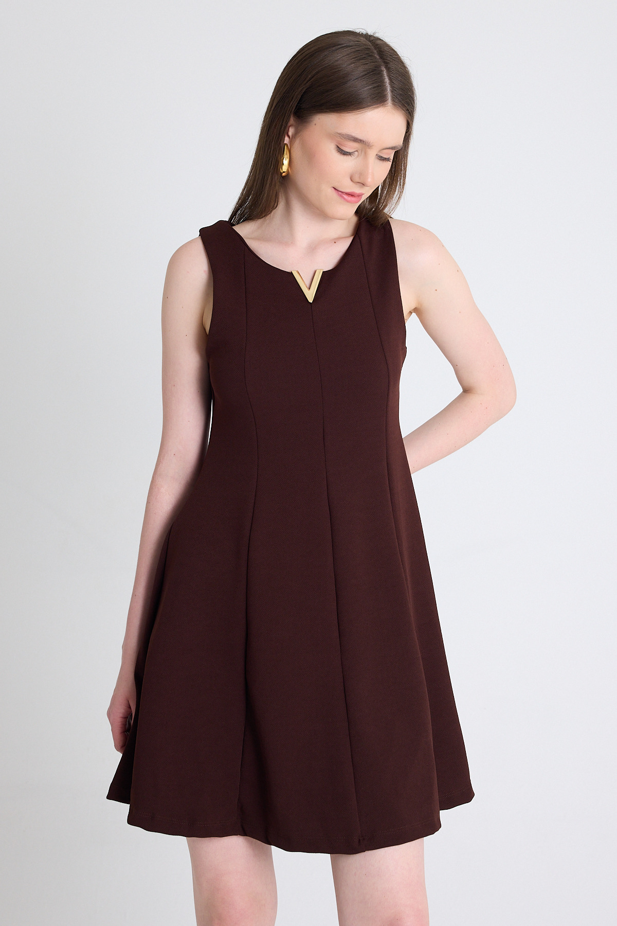 Kahve Aksesuar Detaylı Kolsuz Mini Elbise 2238 - 3