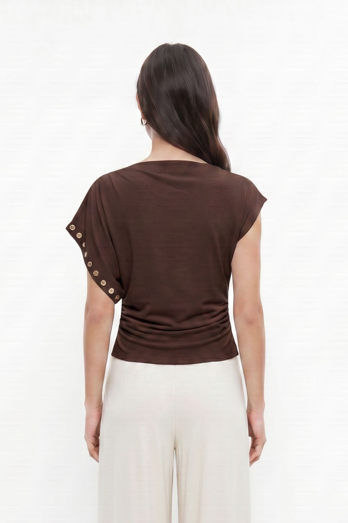 Kahve Asimetrik Kol Zımbalı Bluz 36003 - 2