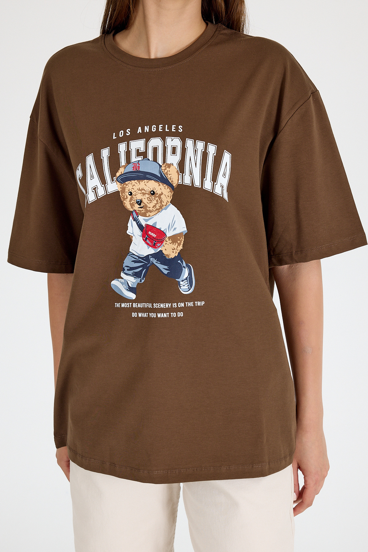 Kahve Ayı Baskılı Oversize Tişört 6559 - 4