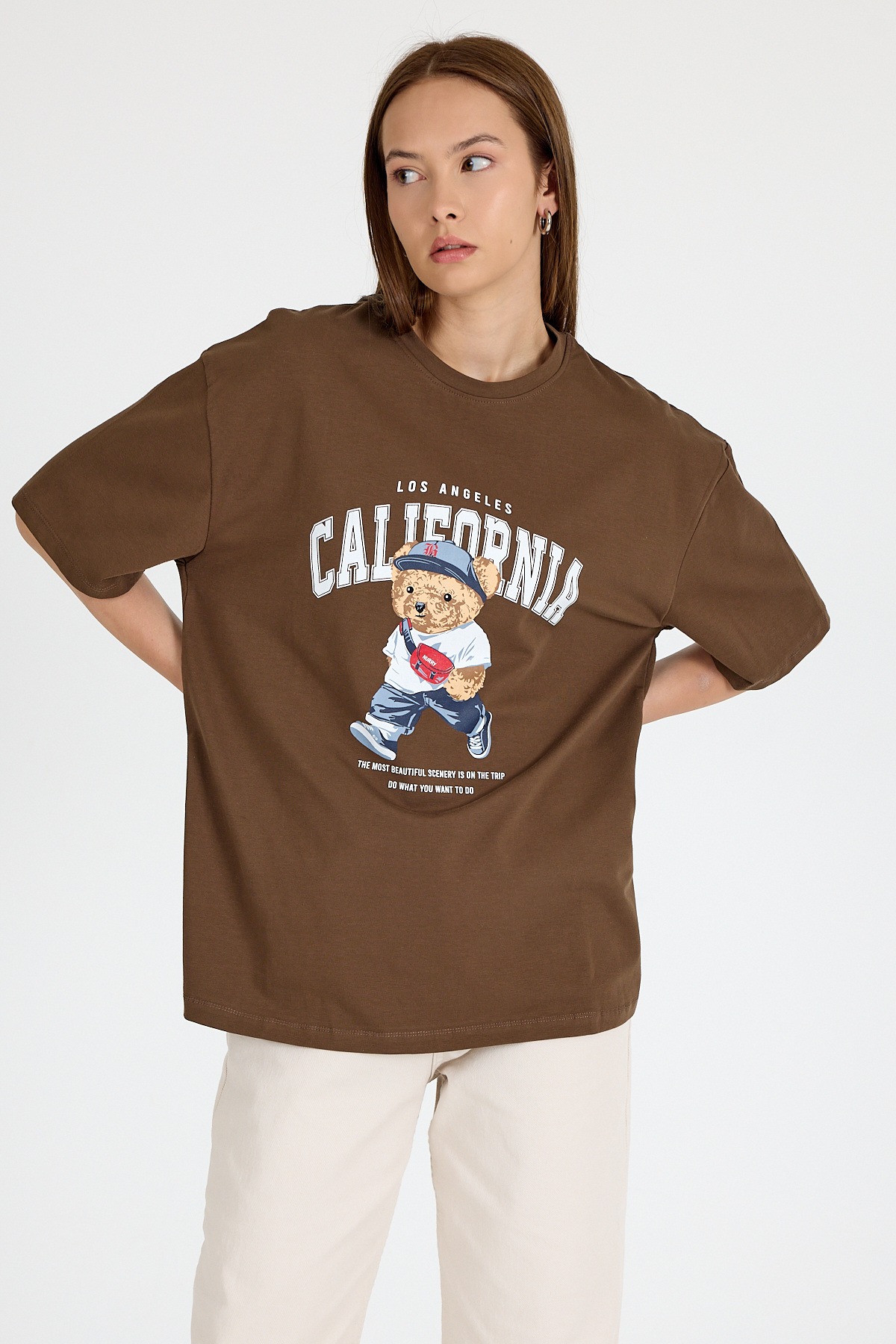 Kahve Ayı Baskılı Oversize Tişört 6559 - RAYS (1)