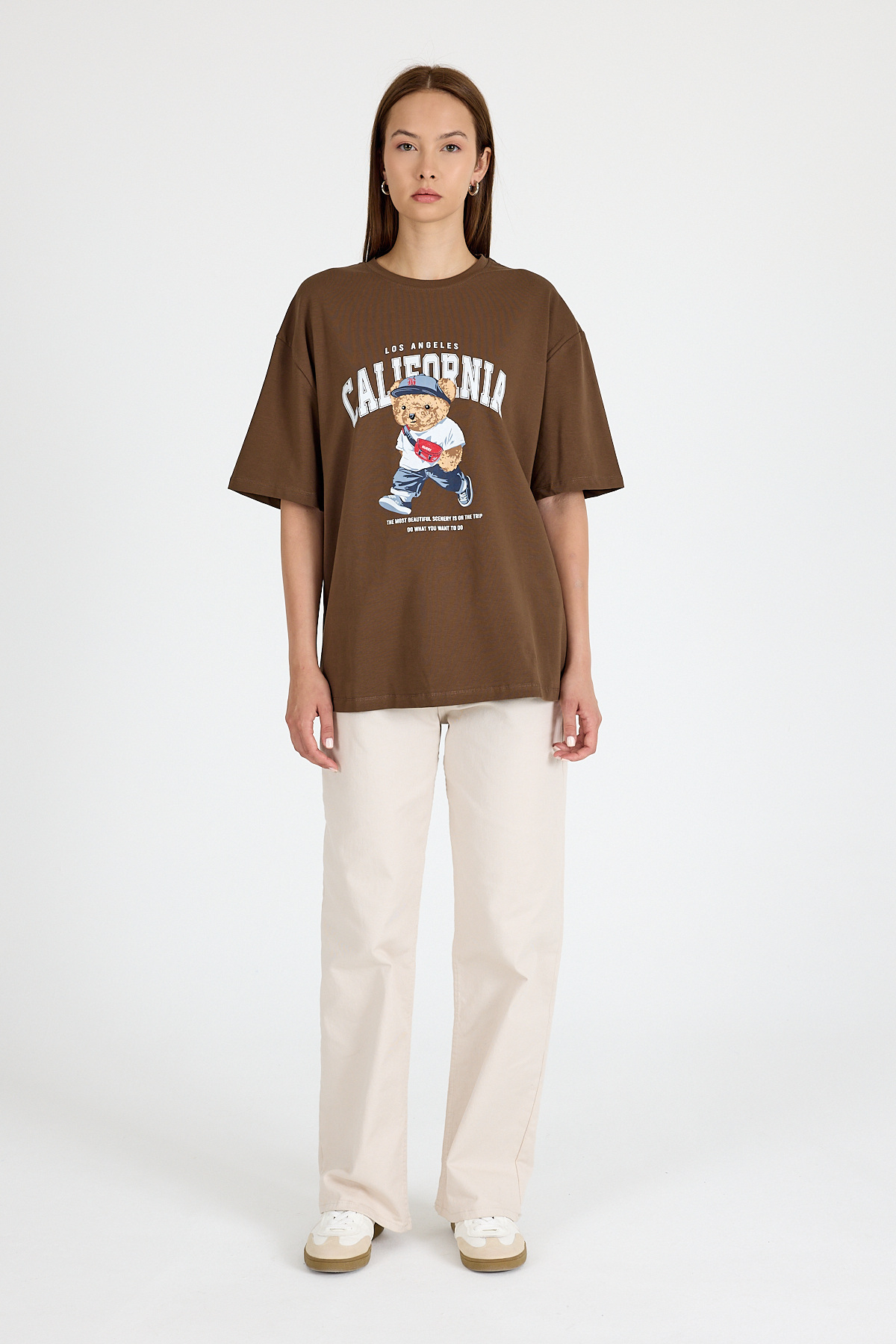 Kahve Ayı Baskılı Oversize Tişört 6559 - RAYS