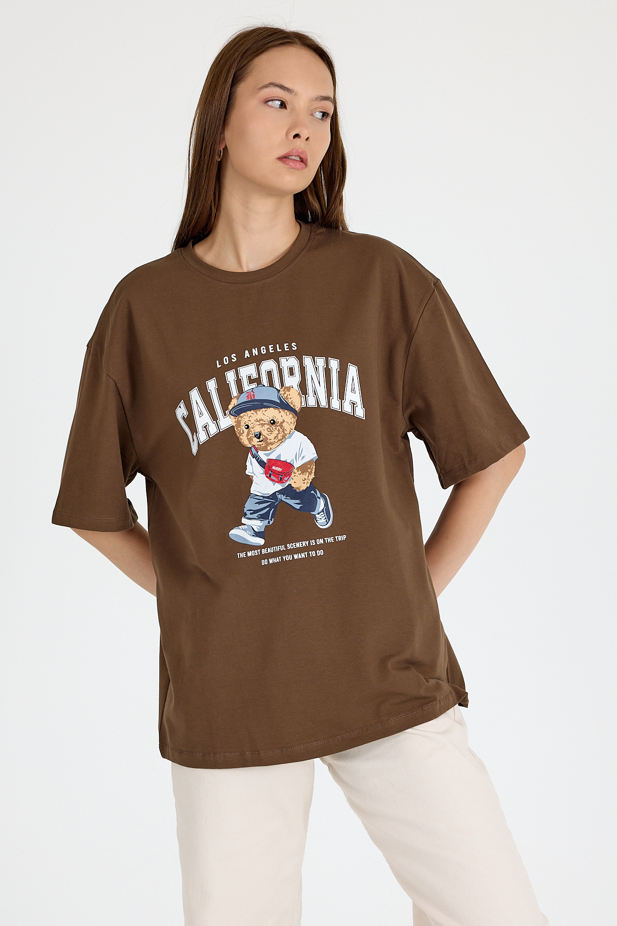 Kahve Ayı Baskılı Oversize Tişört 6559 - 6