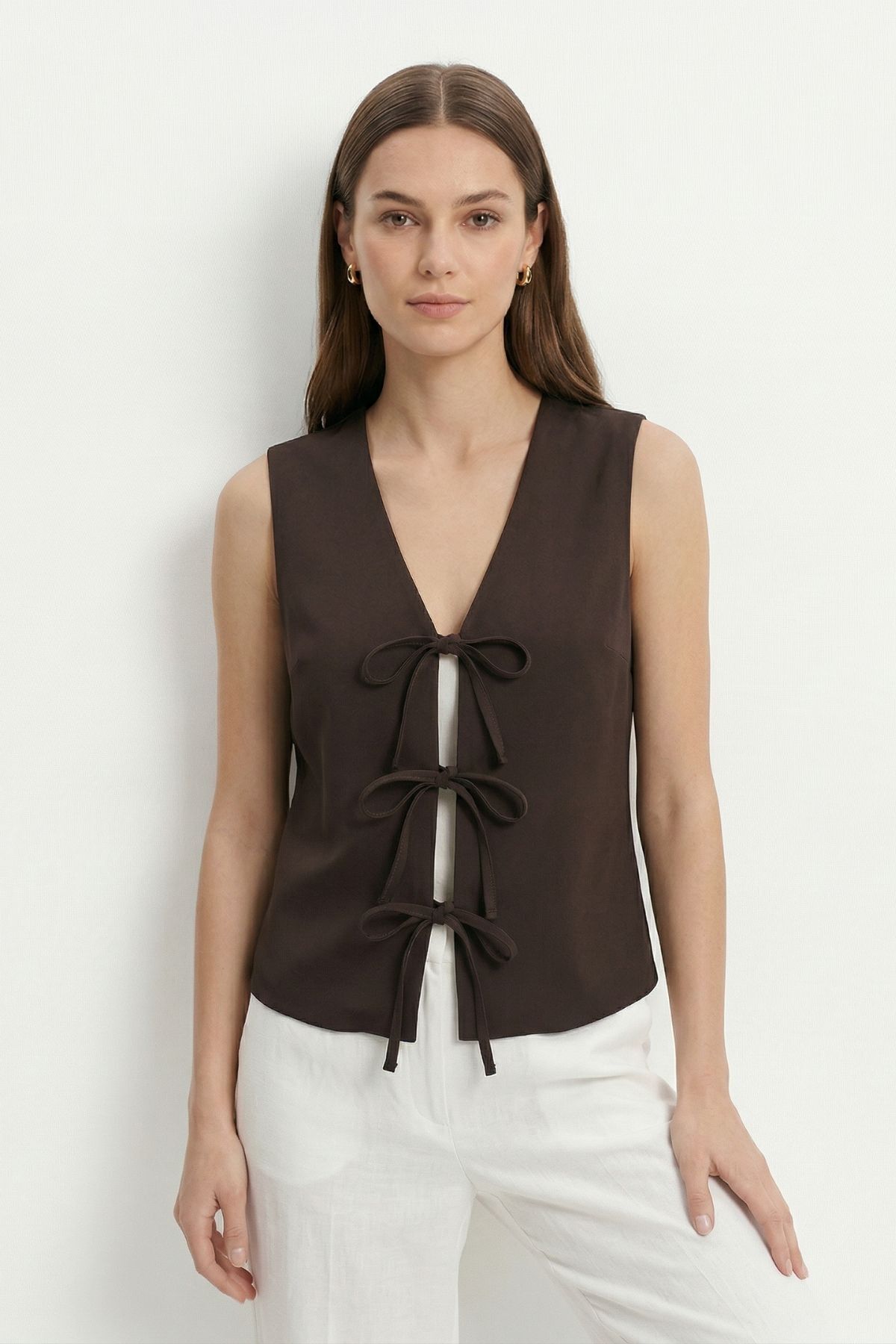 Kahve Bağcıklı Yelek 8382A - 1