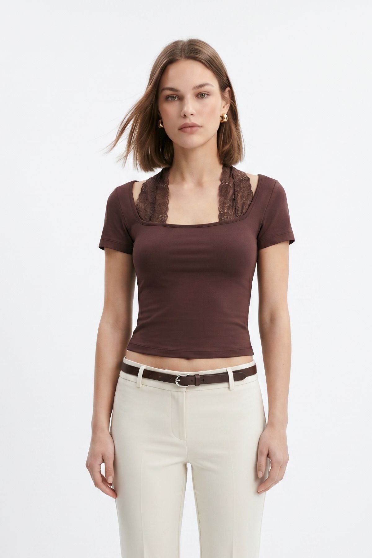 Kahve Bağlamalı Dantelli Kısa Kol Bluz 30007 - 2