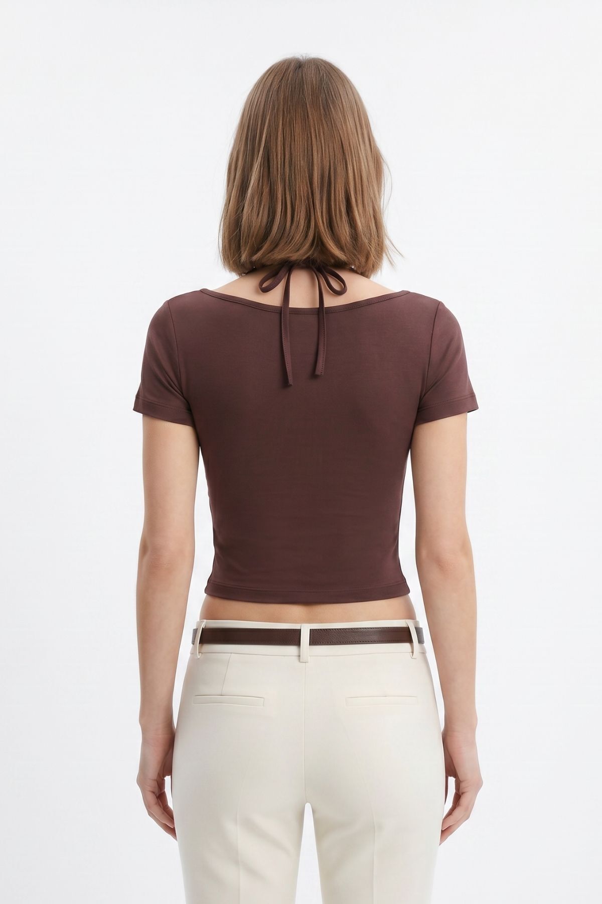 Kahve Bağlamalı Dantelli Kısa Kol Bluz 30007 - 3