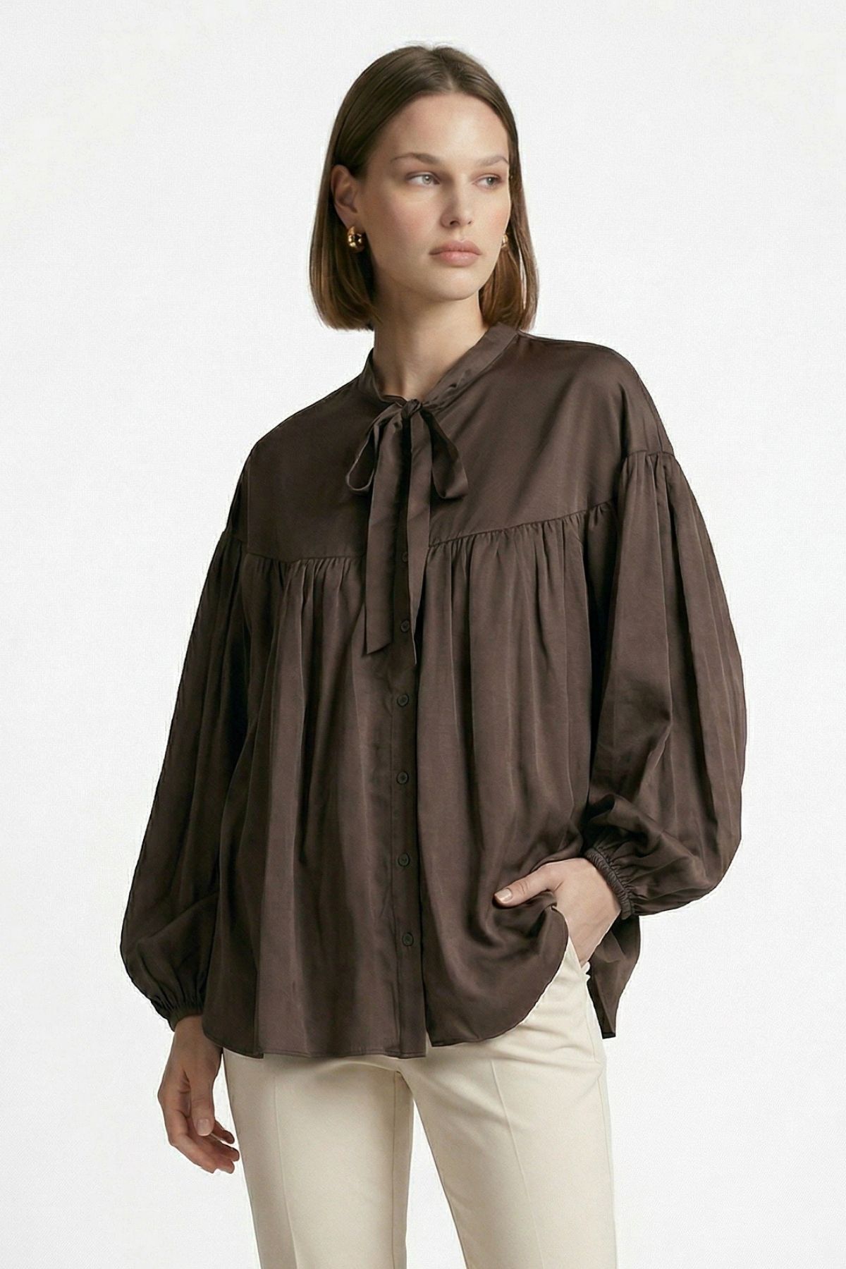 Kahve Balon Kollu Pileli Bağlamalı Bluz 0088 