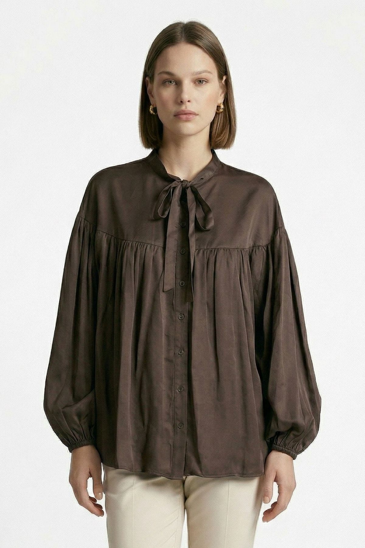 Kahve Balon Kollu Pileli Bağlamalı Bluz 0088 - RAYS (1)