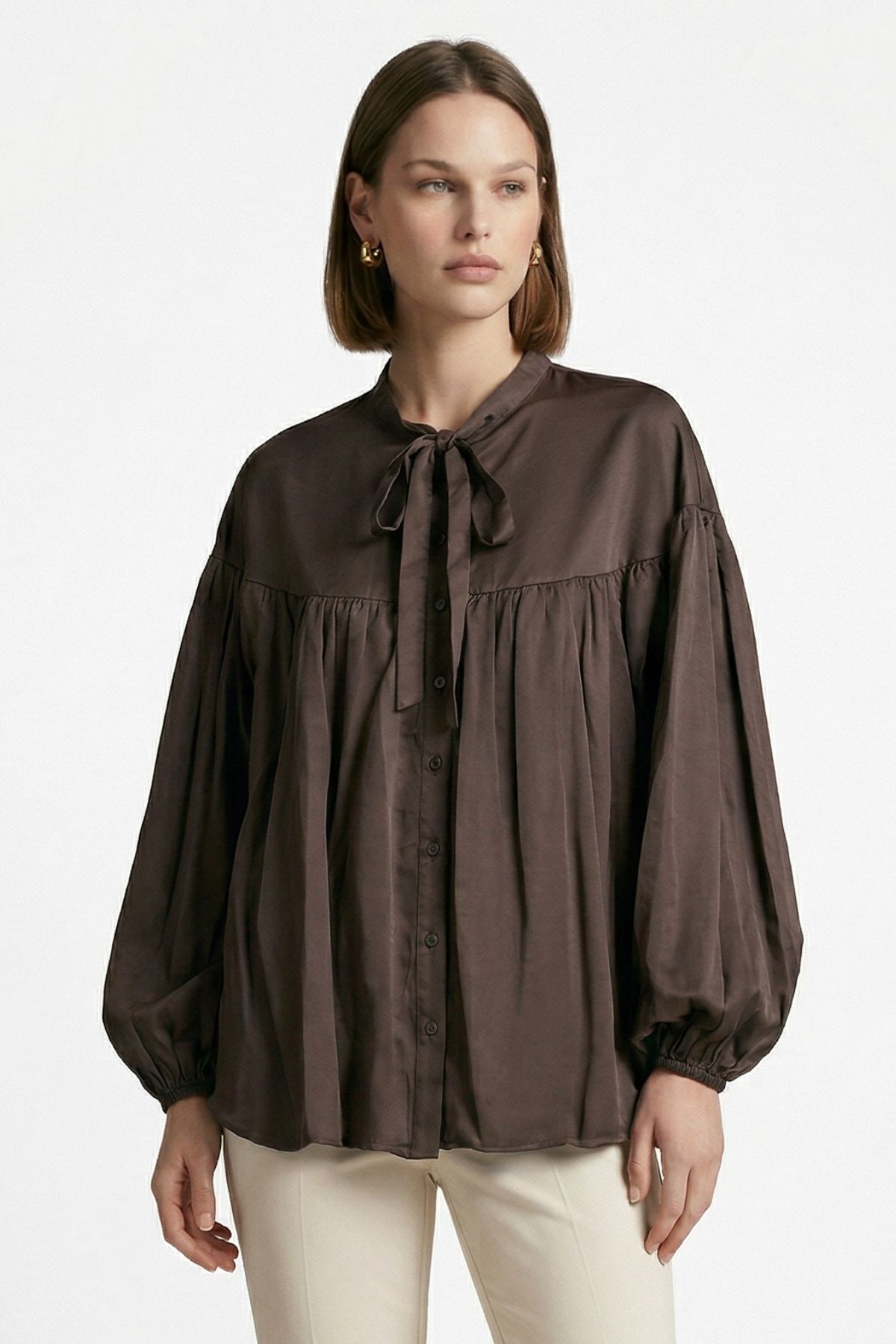 Kahve Balon Kollu Pileli Bağlamalı Bluz 0088 - 3