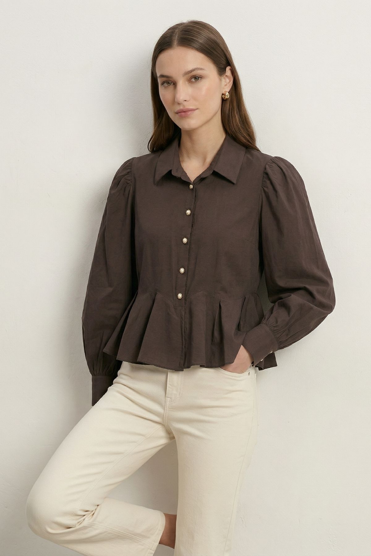 Kahve Balon Kollu Volanlı Bluz 0095 - 1