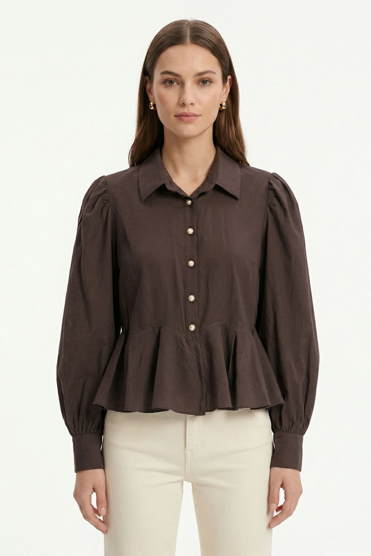 Kahve Balon Kollu Volanlı Bluz 0095 - RAYS (1)