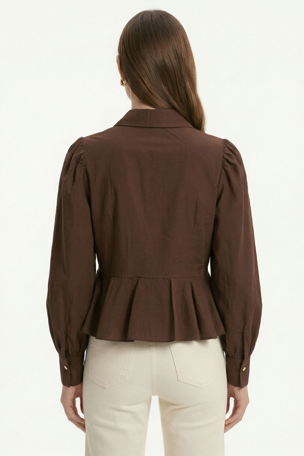 Kahve Balon Kollu Volanlı Bluz 0095 - RAYS