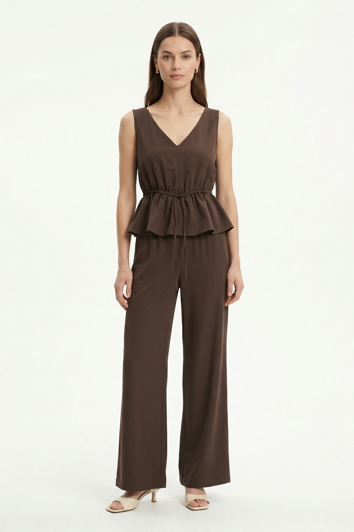 Kahve Bel Bağlamalı Sıfır Kol Bluz Pantolon Takım 2794 - 2