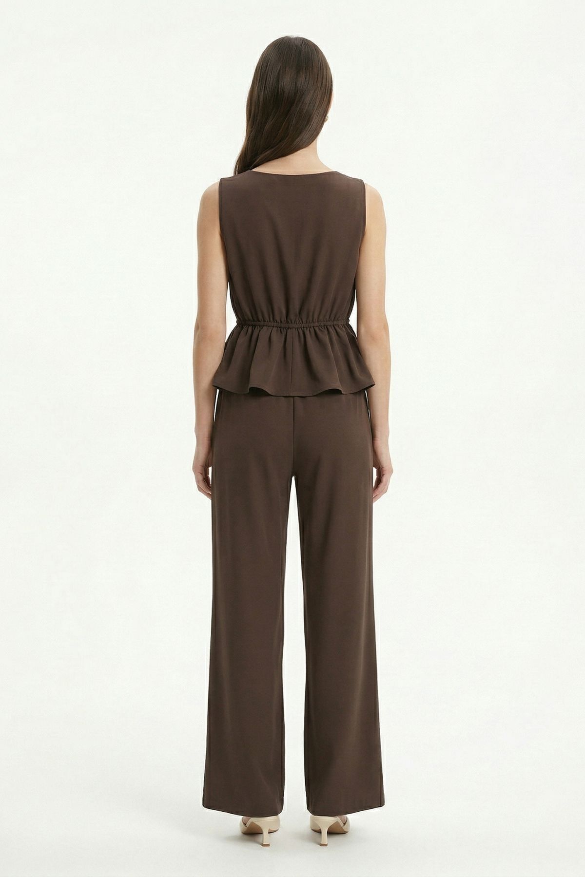 Kahve Bel Bağlamalı Sıfır Kol Bluz Pantolon Takım 2794 - RAYS