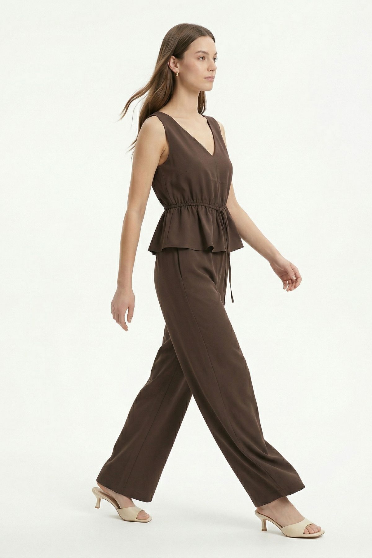 Kahve Bel Bağlamalı Sıfır Kol Bluz Pantolon Takım 2794 - RAYS