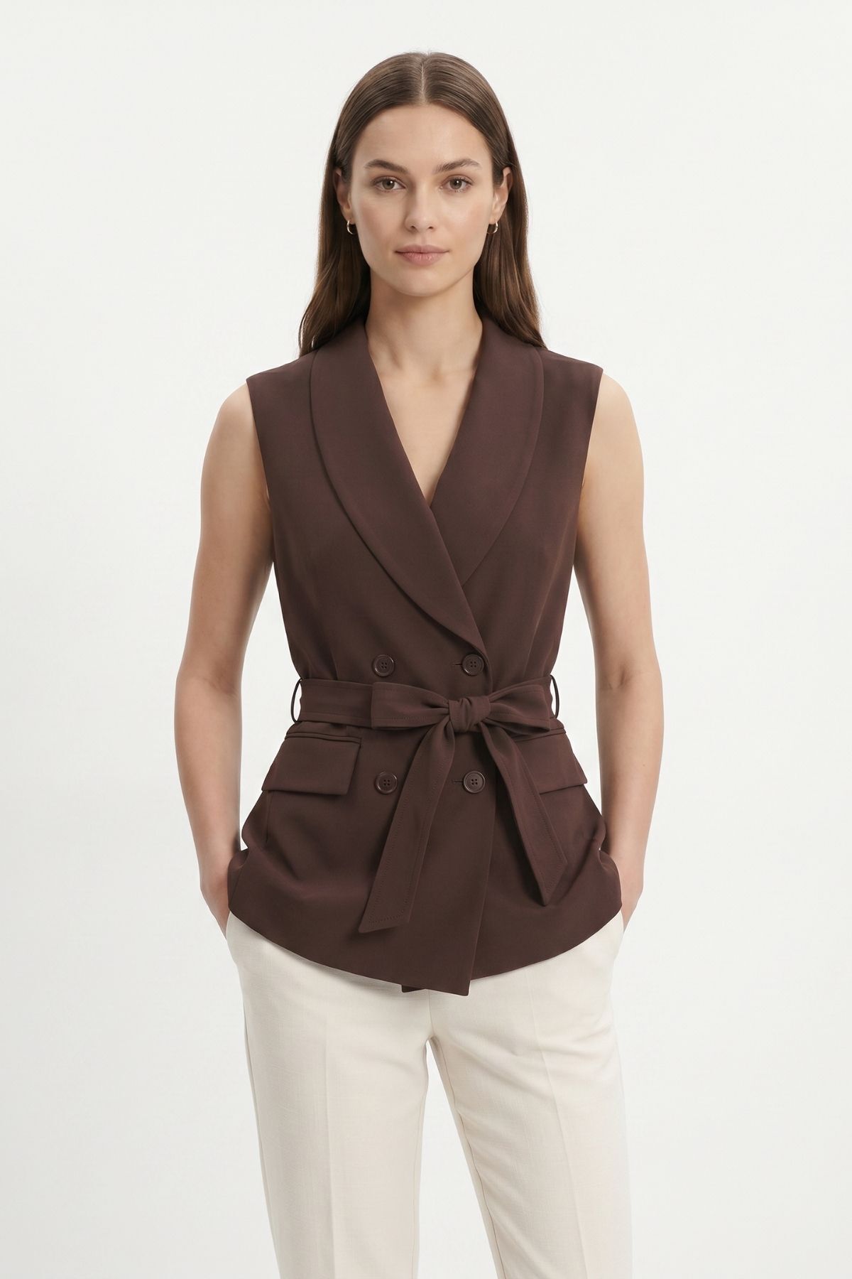 Kahve Bel Kuşaklı Yelek 8460A - 1