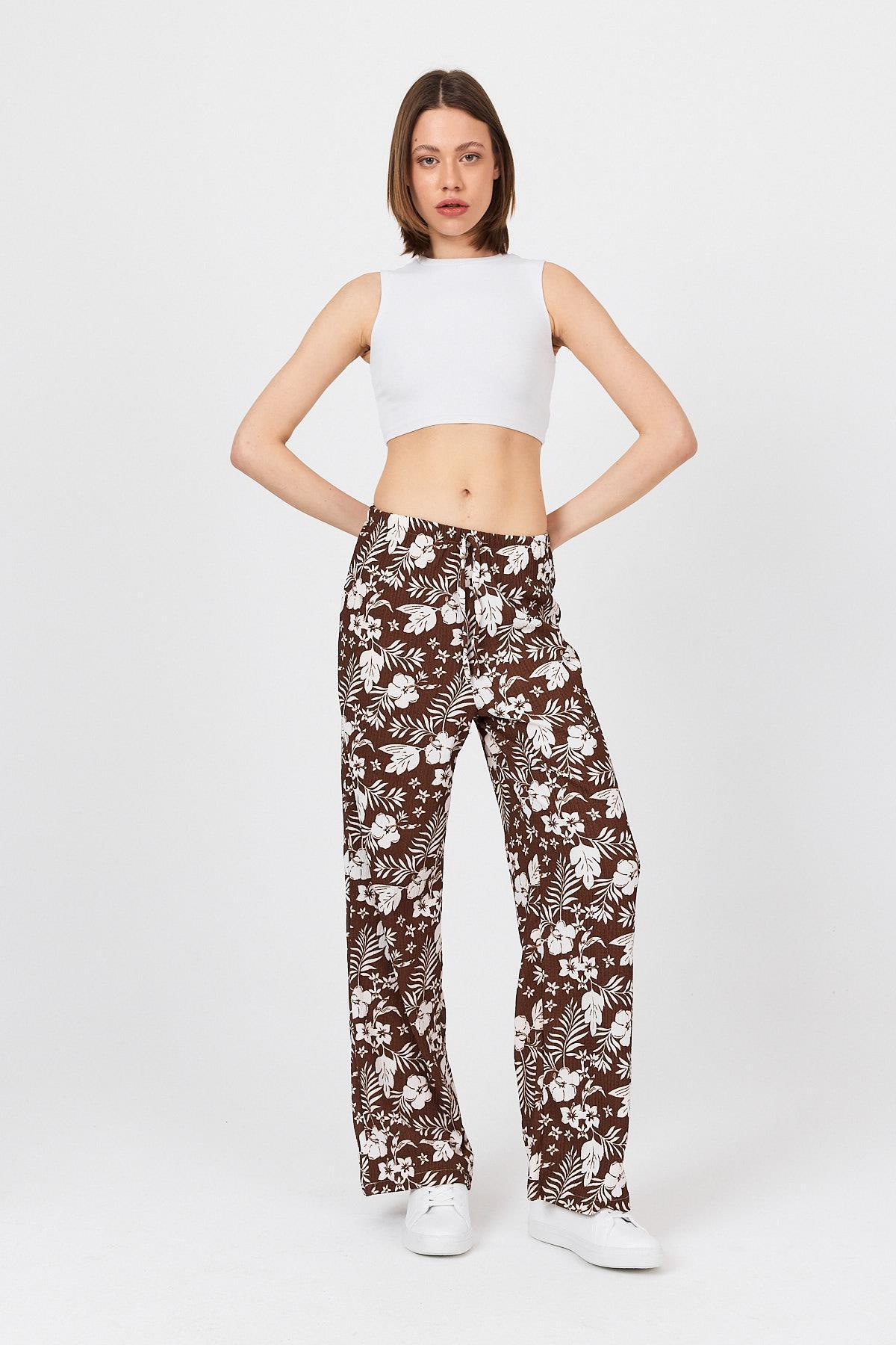 Kahve Bel Lastikli Desenli Pantolon 4725A - RAYS