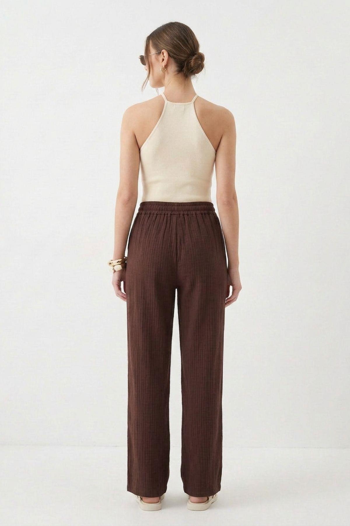 Kahve Bel Lastikli Geniş Paça Pantolon 8056A - RAYS