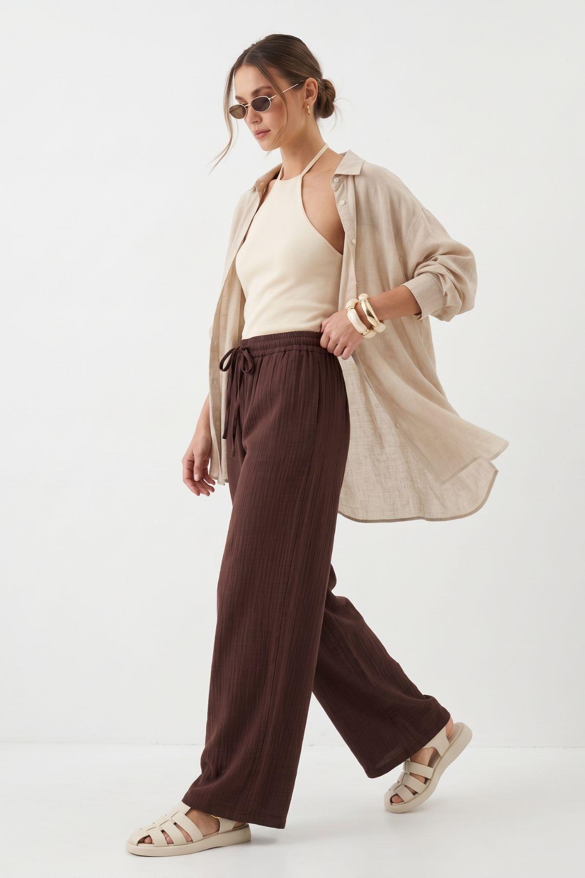 Kahve Bel Lastikli Geniş Paça Pantolon 8056A - RAYS