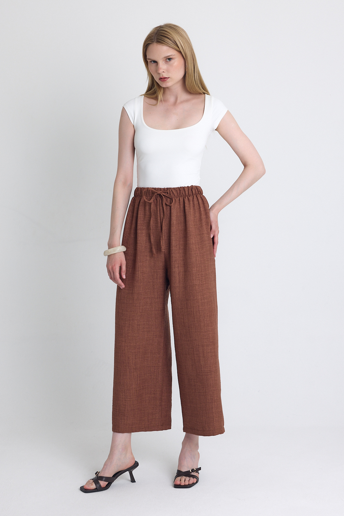 Kahve Bel Lastikli Pamuklu Örme Pantolon 8045A - 1