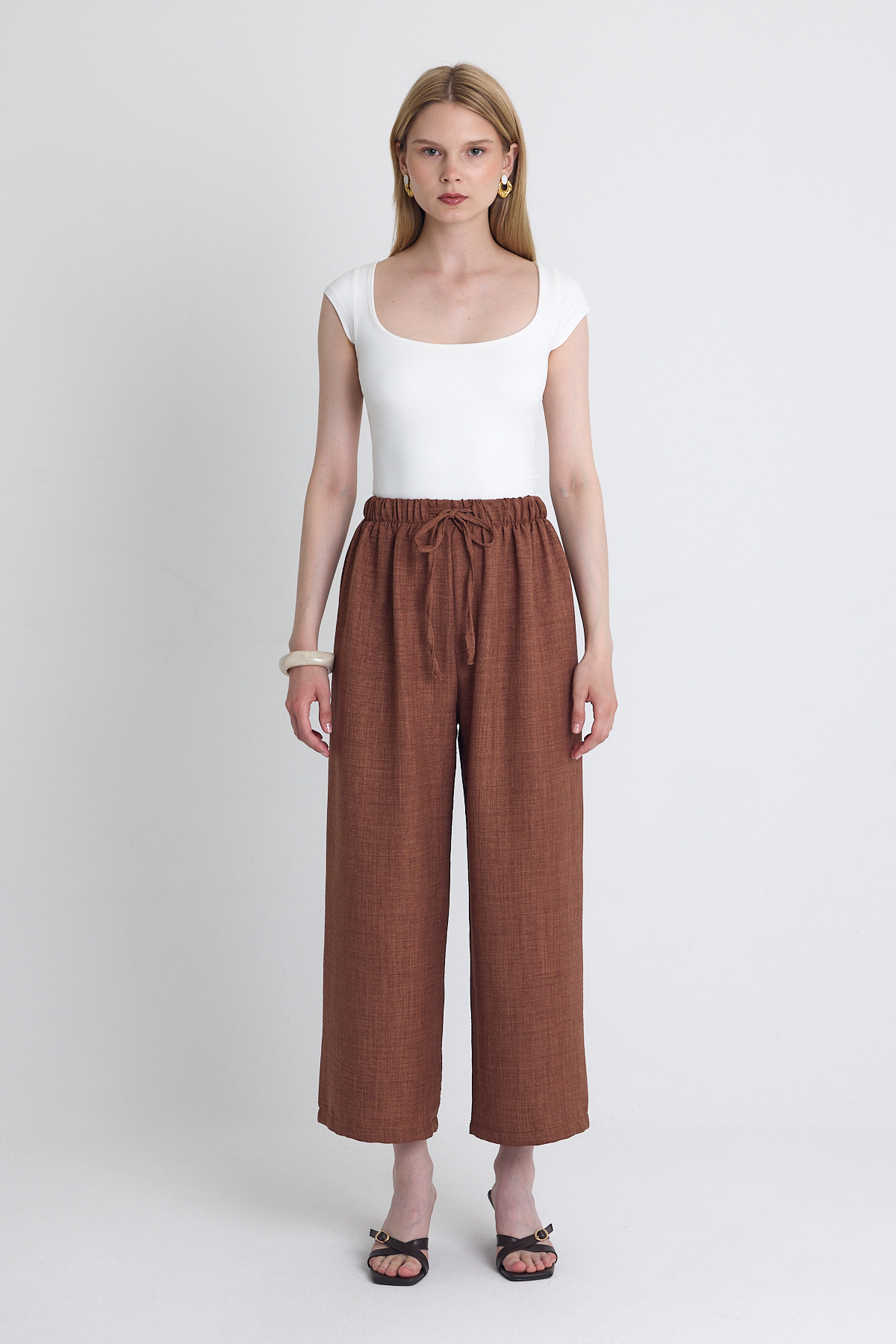 Kahve Bel Lastikli Pamuklu Örme Pantolon 8045A - 6