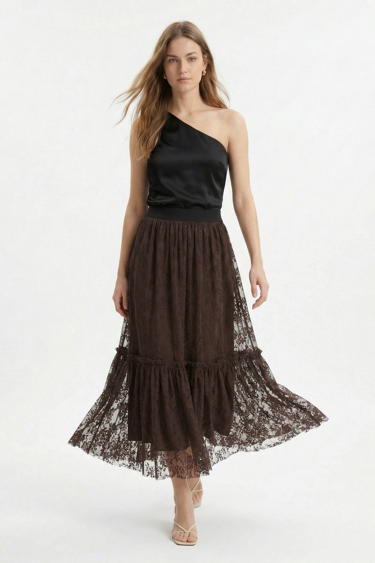 Kahve Belden Lastik Detay Flok Etek 8464 