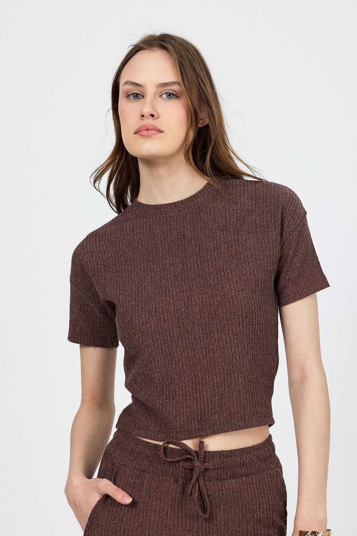 Kahve Bisiklet Yaka Bürümcük Dokulu Kumaş Alt Üst Takım 1455 - RAYS