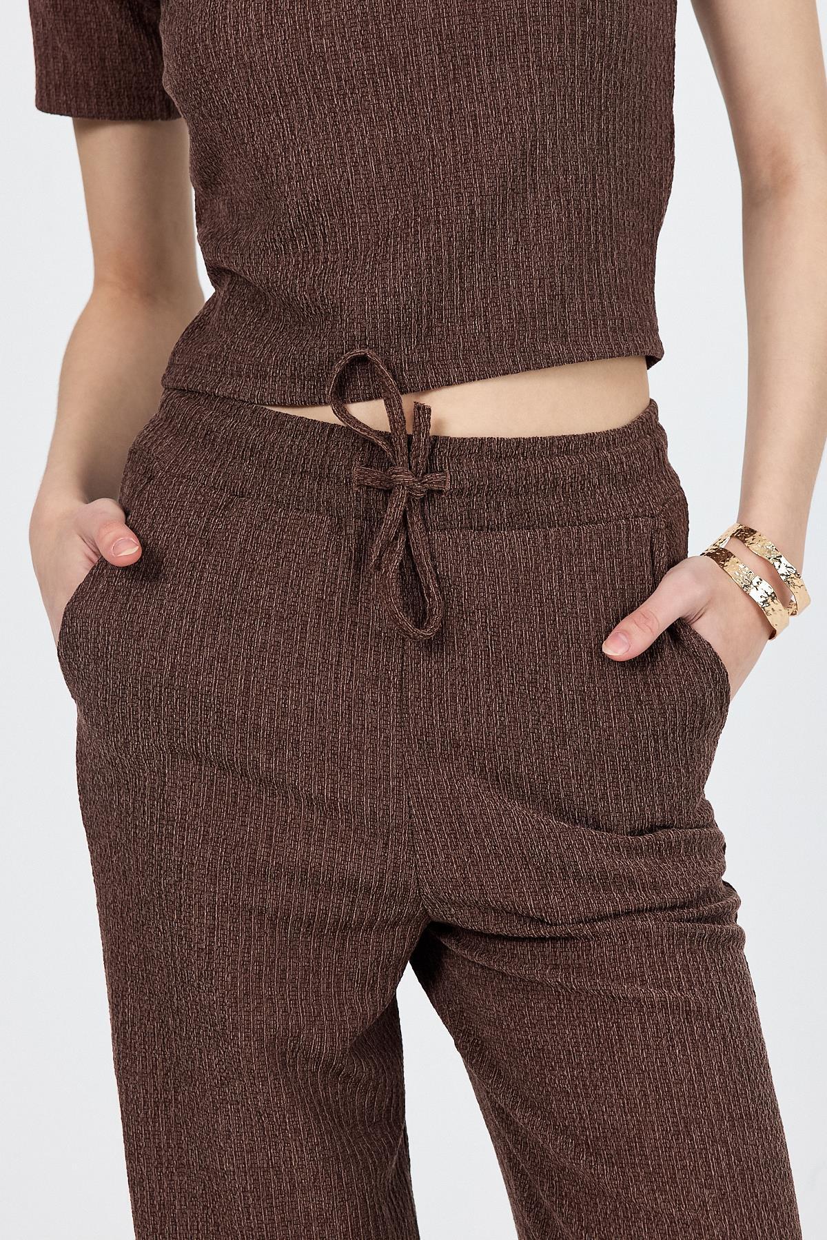 Kahve Bisiklet Yaka Bürümcük Dokulu Kumaş Alt Üst Takım 1455 - 6