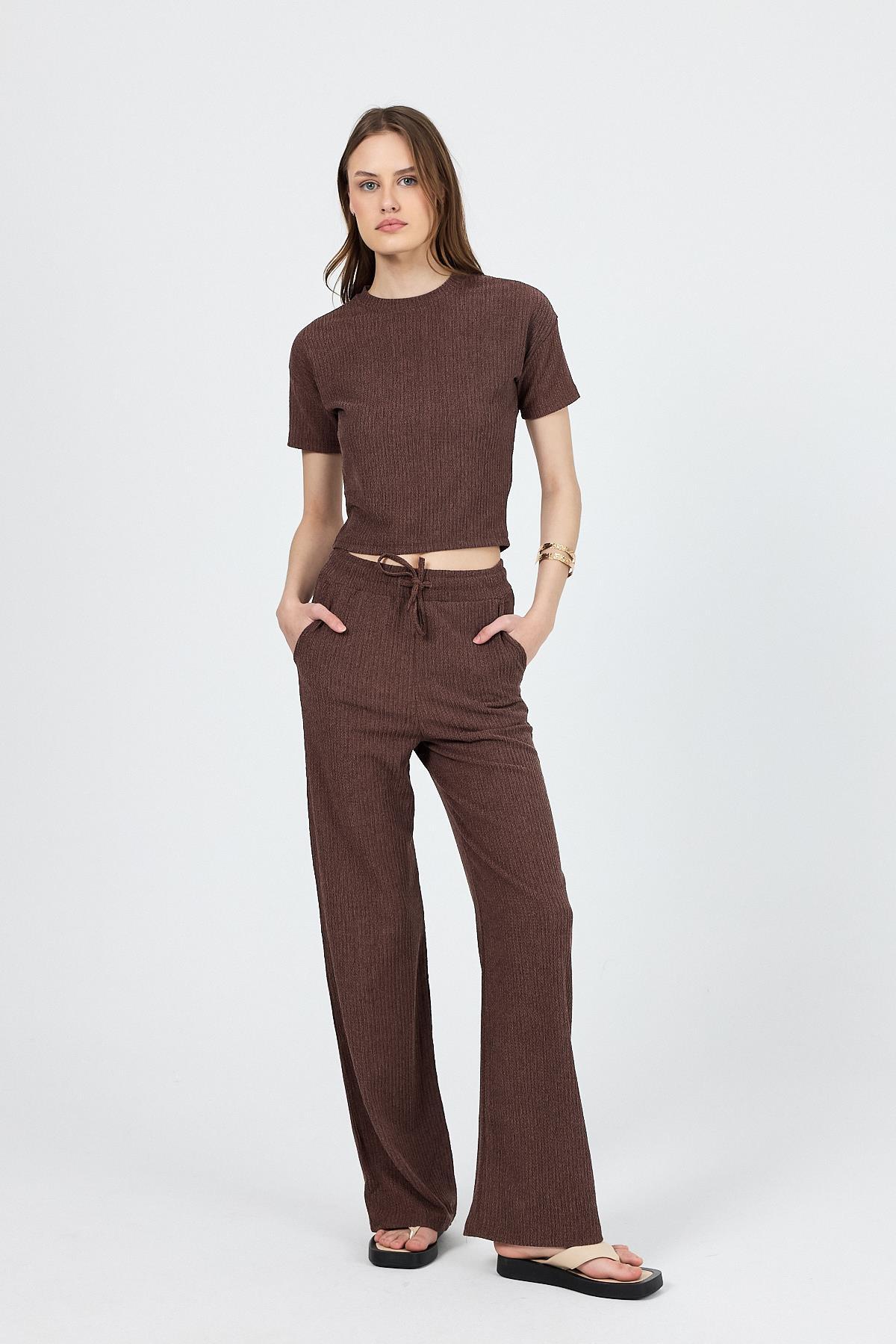 Kahve Bisiklet Yaka Bürümcük Dokulu Kumaş Alt Üst Takım 1455 