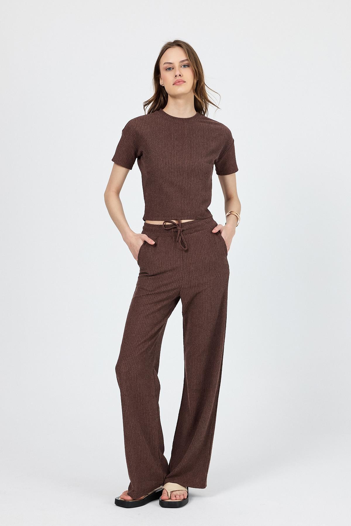Kahve Bisiklet Yaka Bürümcük Dokulu Kumaş Alt Üst Takım 1455 - 8