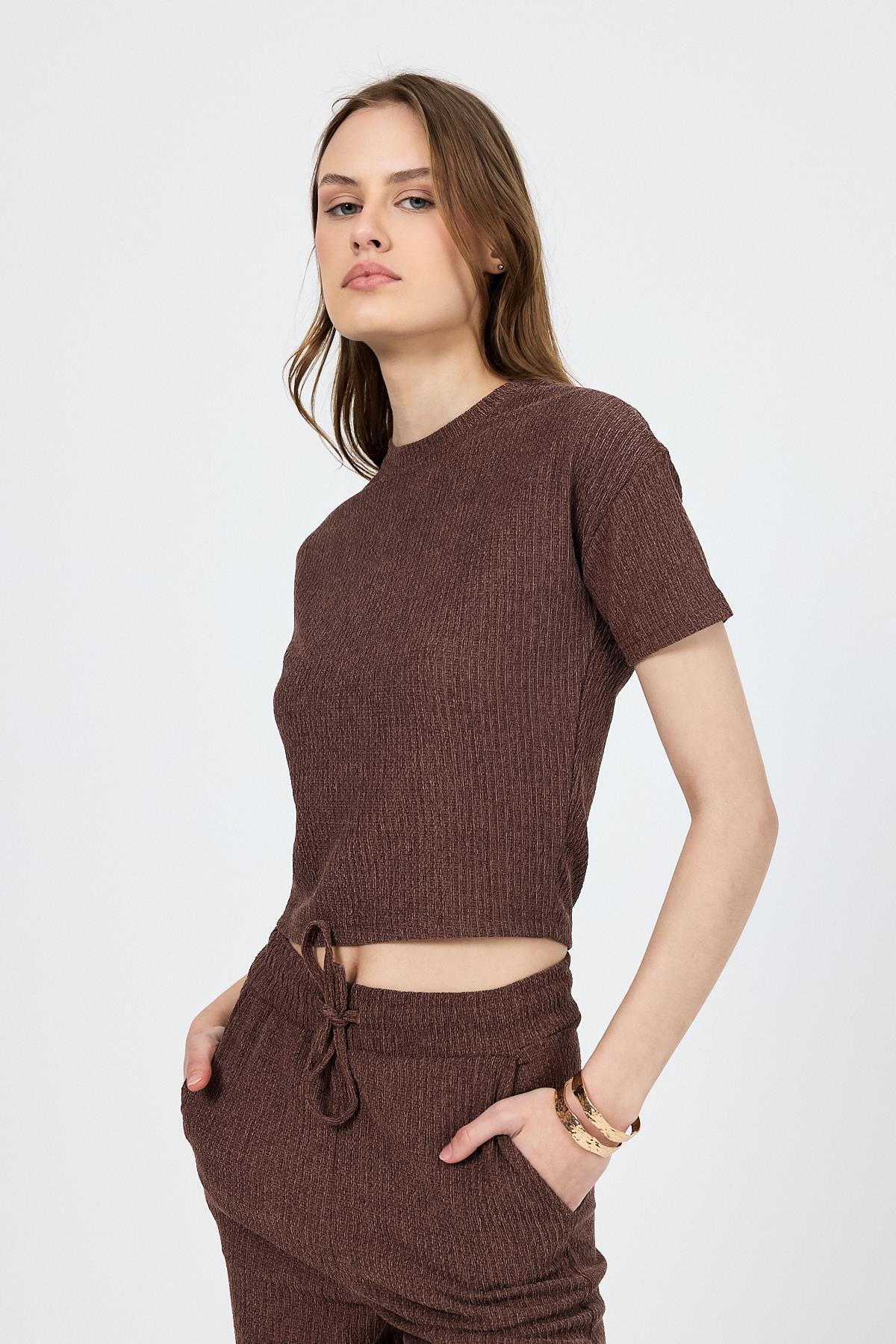 Kahve Bisiklet Yaka Bürümcük Dokulu Kumaş Alt Üst Takım 1455 - 3