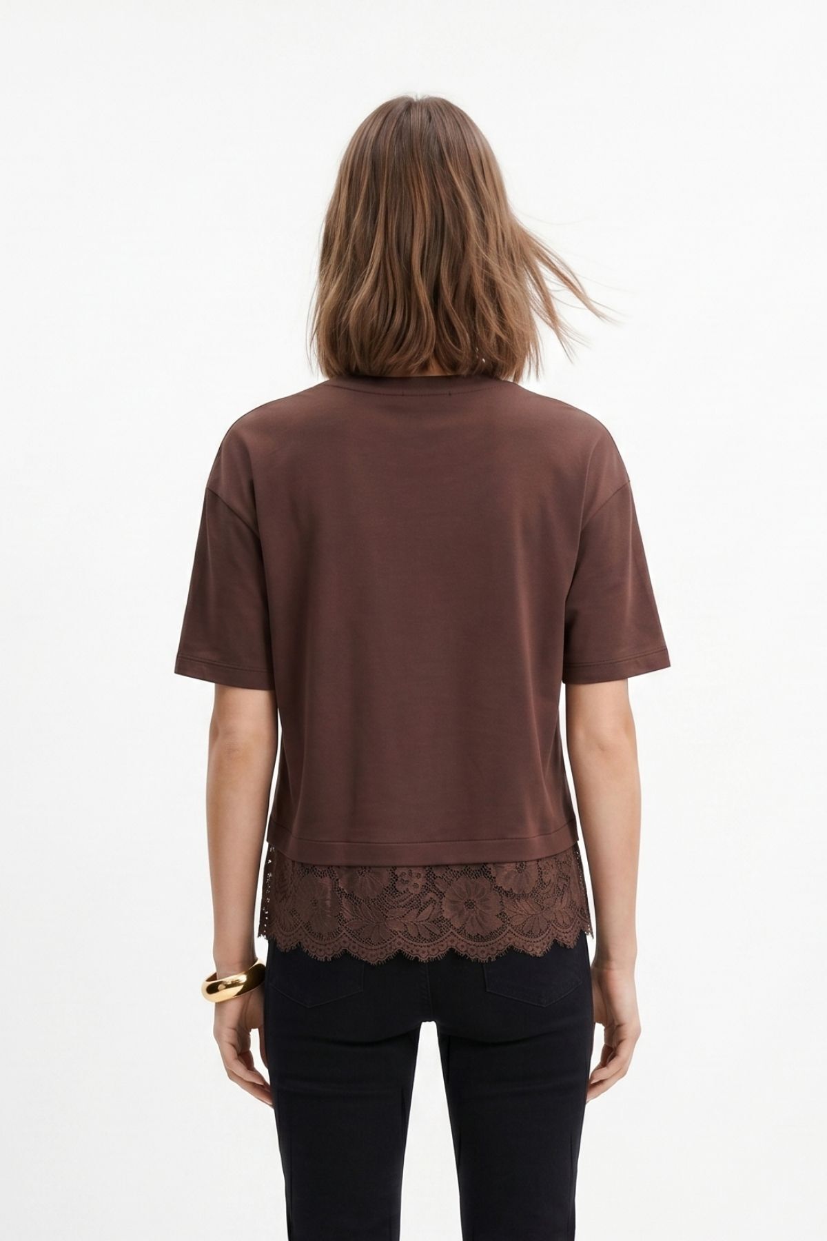 Kahve Bisiklet Yaka Dantel Detaylı Tişört 0463 - RAYS