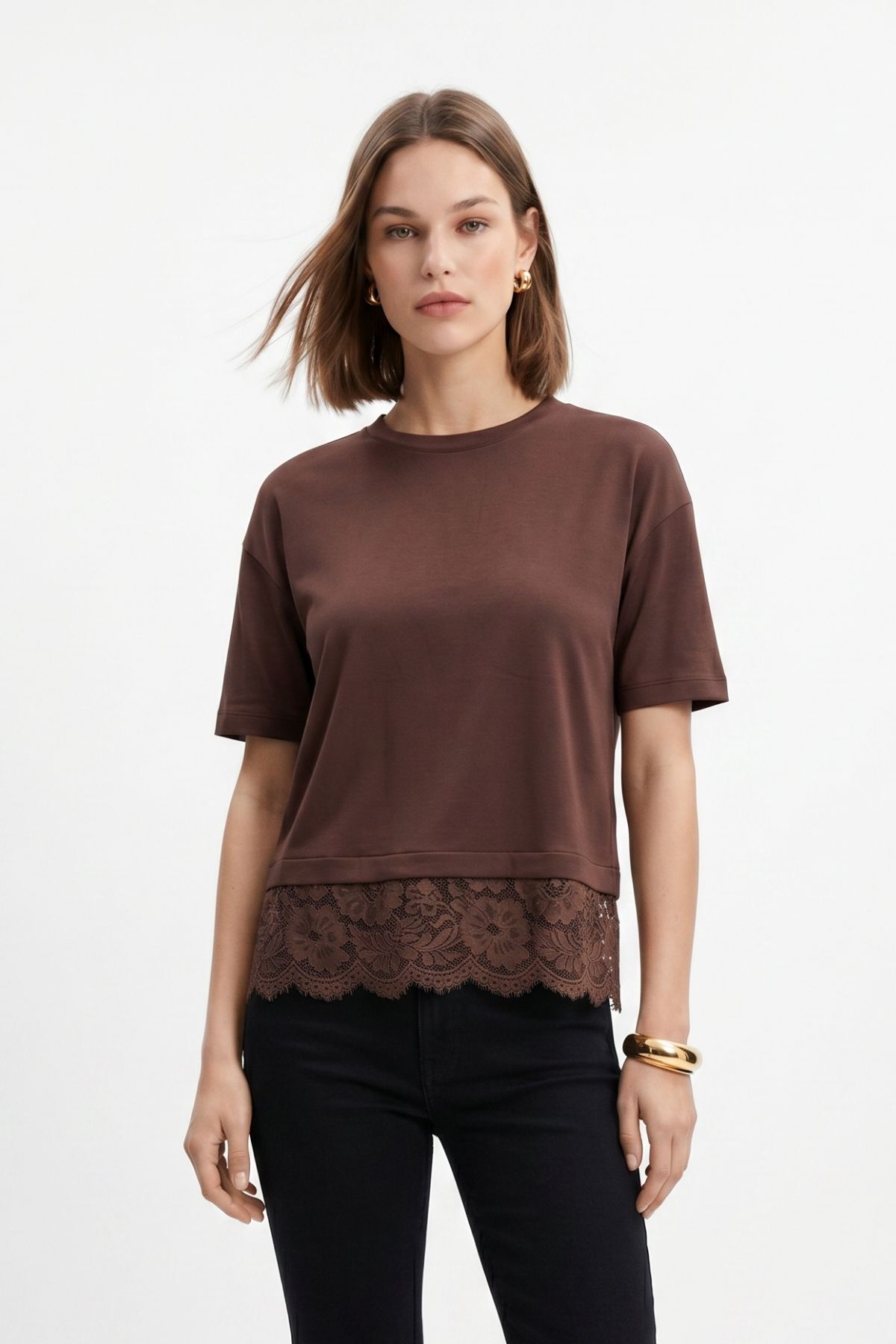 Kahve Bisiklet Yaka Dantel Detaylı Tişört 0463 - RAYS