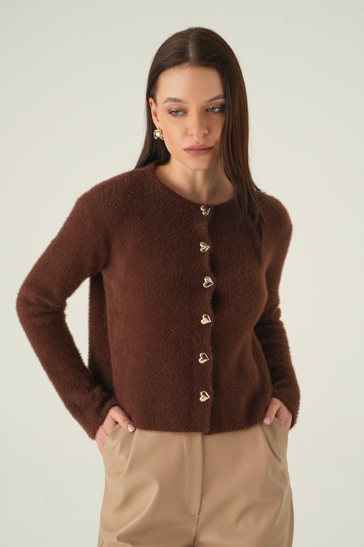 Kahve Bisiklet Yaka Düğmeli Hırka 2241 - 6