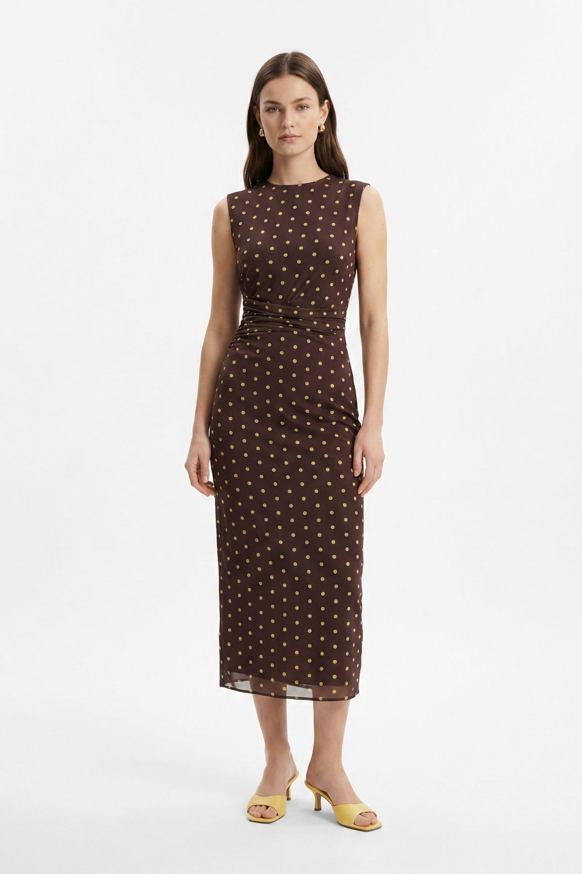 Kahve Bisiklet Yaka Puantiyeli Elbise 20219 - RAYS (1)